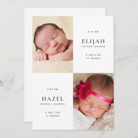 双生児生まれたばかりのの写真誕生のお知らせ 招待状 (正面/裏面)