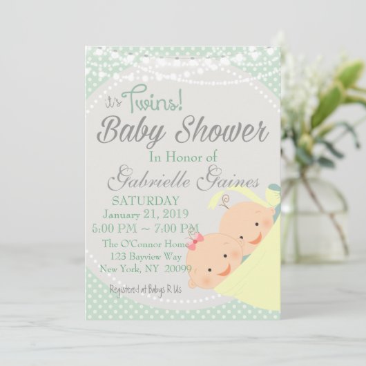 双生児男の子および女の子のベビーシャワーの招待状 招待状 (スタンド正面)