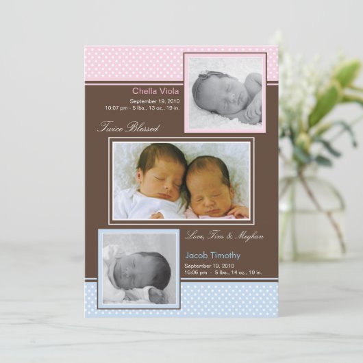 双生児男の子および女の子の誕生の発表 案内状 (スタンド正面)