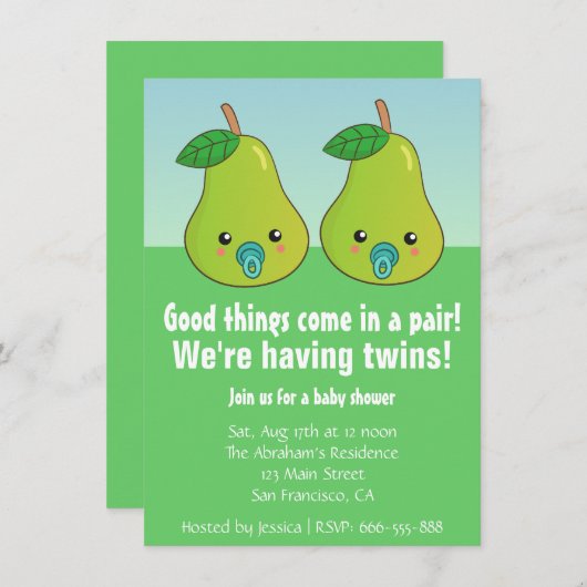 双生児-調停者が付いているかわいいナシのためのベビーシャワー 招待状 (正面/裏面)