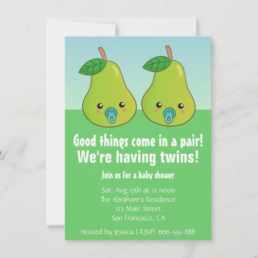 双生児-調停者が付いているかわいいナシのためのベビーシャワー 招待状 (正面)