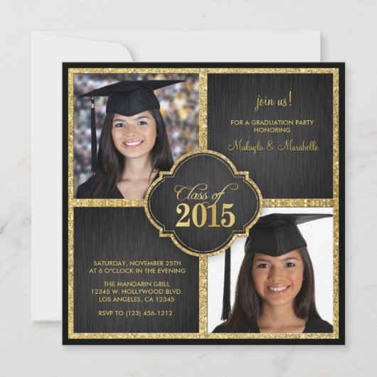双生児! 2015年のエレガントな黒及び金ゴールドのグリッターのクラス 招待状 (正面)