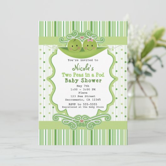 双生双生双生児の二つのエンドウベビーシャワー招待状 招待状 (スタンド正面)