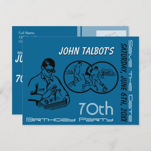 双眼サッカー70誕生日日付の保存 案内ポストカード (正面/裏面)