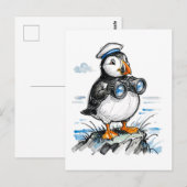 双眼鏡で水平線を偵察するツノメドリの墨絵イラスト ポストカード (正面/裏面)