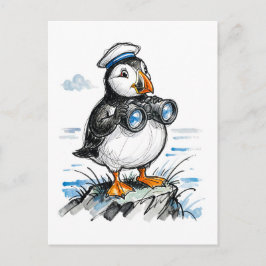 双眼鏡で水平線を偵察するツノメドリの墨絵イラスト ポストカード