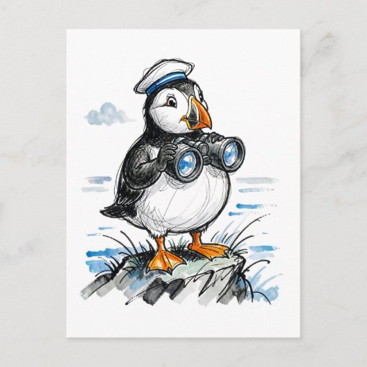 双眼鏡で水平線を偵察するツノメドリの墨絵イラスト ポストカード (正面)