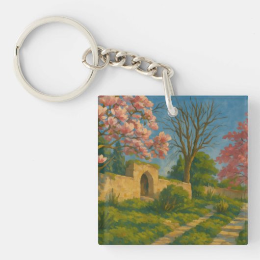 双花 – 穏やかな庭の小道の絵画 キーホルダー (正面)