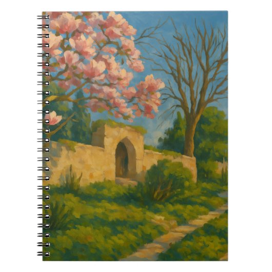 双花 – 静かな庭園の道の絵画 ノートブック (正面)