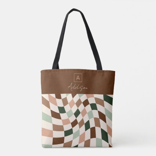 反ったチェッカーボードニュートラルパーソナライズされたモノグラム トートバッグ (裏面)