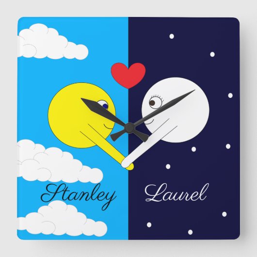 反対が引き付け:太陽と月が恋に スクエア壁時計 (正面)