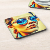 反射かわいらし付き青サングラスの女性 コースター (左側)