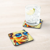 反射かわいらし付き青サングラスの女性 コースター (右側)