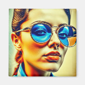 反射かわいらし付き青サングラスの女性 マグネット (正面)