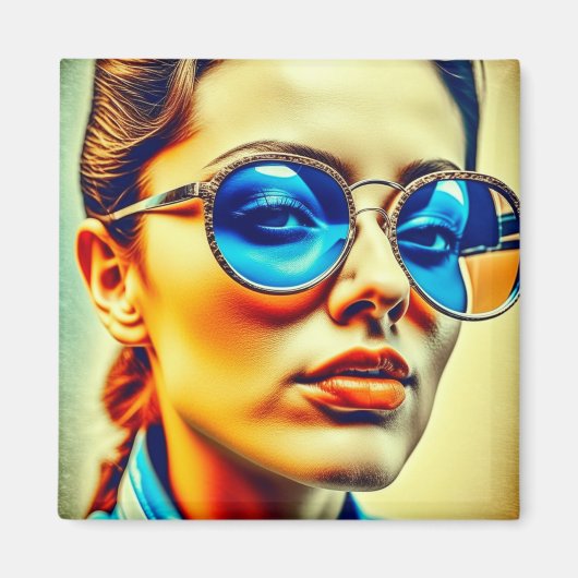 反射かわいらし付き青サングラスの女性 マグネット (正面)