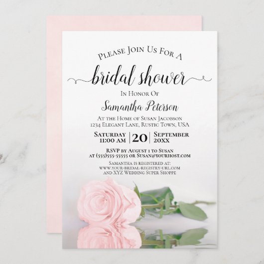 反射エレガント赤面ピンクローズブライダルシャワー 招待状 (正面/裏面)