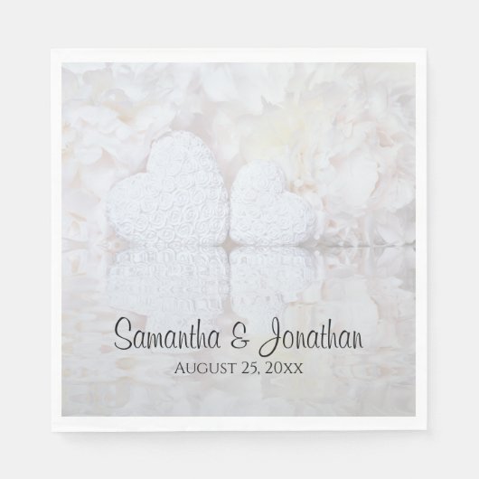 反射ホワイトハート&牡丹エレガントな結婚式 スタンダードランチョンナプキン (正面)