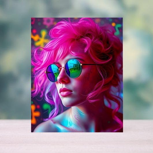 反射メガネ付きネオンピンク髪の女性 – M アクリルサイン (ニュートラル)