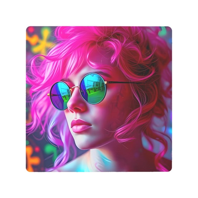 反射メガネ付きネオンピンク髪の女性 – M メタルプリント (正面)