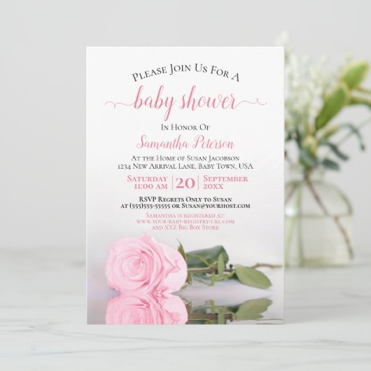 反射型ピンクのバラエレガント赤ちゃんガールシャワー 招待状 (スタンド正面)