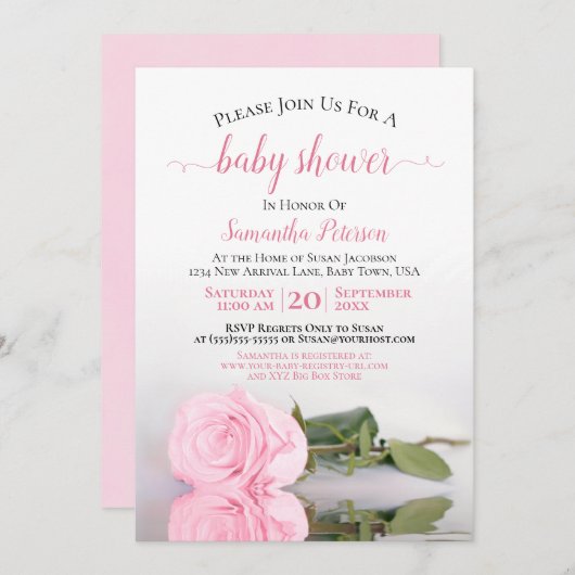 反射型ピンクのバラエレガント赤ちゃんガールシャワー 招待状 (正面/裏面)