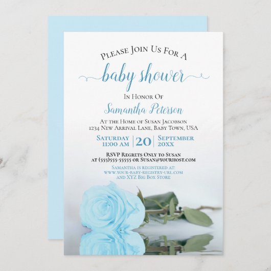 反射型ブルーバラエレガント男の赤ちゃんシャワー 招待状 (正面/裏面)