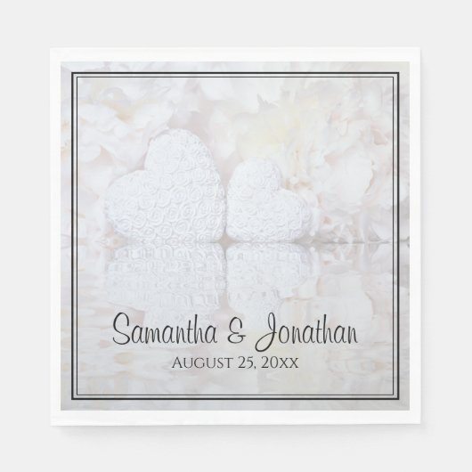 反射白い牡丹&ハートエレガントな結婚式 スタンダードランチョンナプキン (正面)