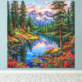 反射鮮やか付き山の風景 キャンバスプリント (インサイチュ (ウッドフロア))