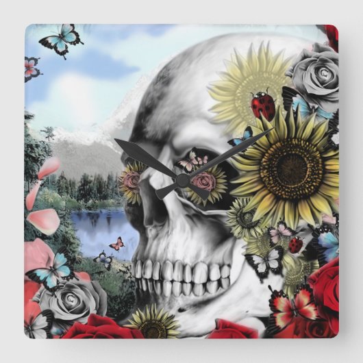 反射、景色の頭骨 スクエア壁時計 (正面)