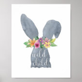 反抗的な子どもウォーターカラーラビットフラワークラウンプリント ポスター (正面)