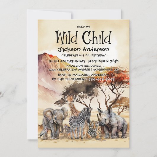 反抗的な子どもサファリアニマルズ誕生日 招待状 (正面)