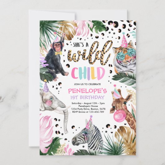 反抗的な子どもヒョウ印刷サファリアニマルズ誕生日 招待状 (正面)