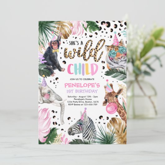 反抗的な子どもヒョウ印刷サファリアニマルズ誕生日 招待状 (スタンド正面)