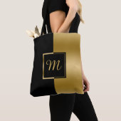 反転ブラックおよび金ゴールド幾何学的デザイン トートバッグ (クローズアップ)