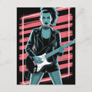 反逆のロックスター: レザーの女性ギタリスト ポストカード