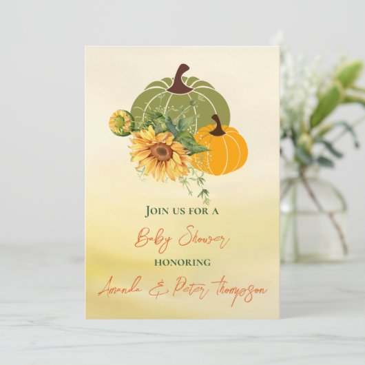 収穫かわいいカボチャひまわり黄色の赤ちゃんシャワー 招待状 (スタンド正面)