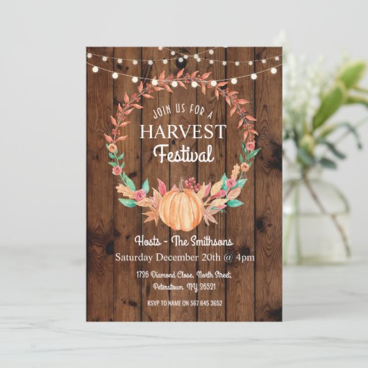収穫のフェスティバルのカボチャ秋の木製の花の招待 招待状 (スタンド正面)