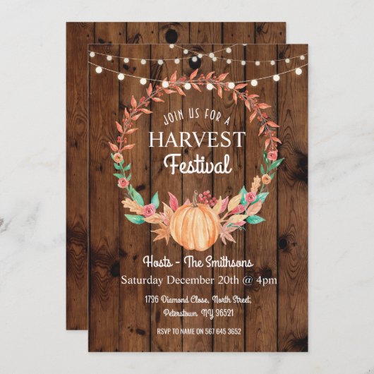 収穫のフェスティバルのカボチャ秋の木製の花の招待 招待状 (正面/裏面)