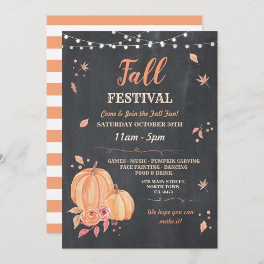 収穫の秋のフェスティバルのカボチャ秋のイベントのチョーク 招待状 (正面/裏面)