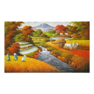 収穫時期:山のある田園風景 フォトプリント