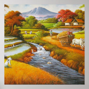 収穫時期:山のある田園風景 ポスター