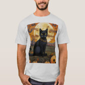 収穫月とカボチャの下の黒猫 Tシャツ (正面)