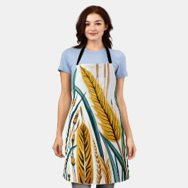 収穫調和：白いキャンバスに小麦模様 エプロン