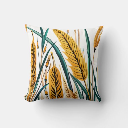 収穫調和：白いキャンバスに小麦模様 クッション (正面)