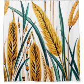 収穫調和：白いキャンバスに小麦模様 シャワーカーテン (正面)