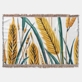 収穫調和：白いキャンバスに小麦模様 スローブランケット