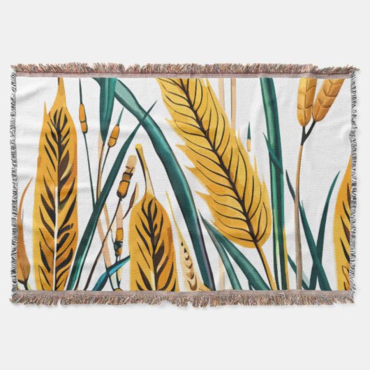 収穫調和：白いキャンバスに小麦模様 スローブランケット (正面)