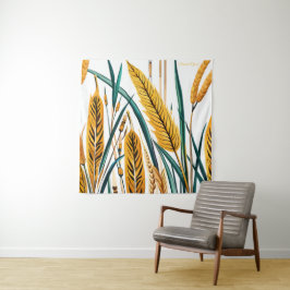 収穫調和：白いキャンバスに小麦模様 タペストリー