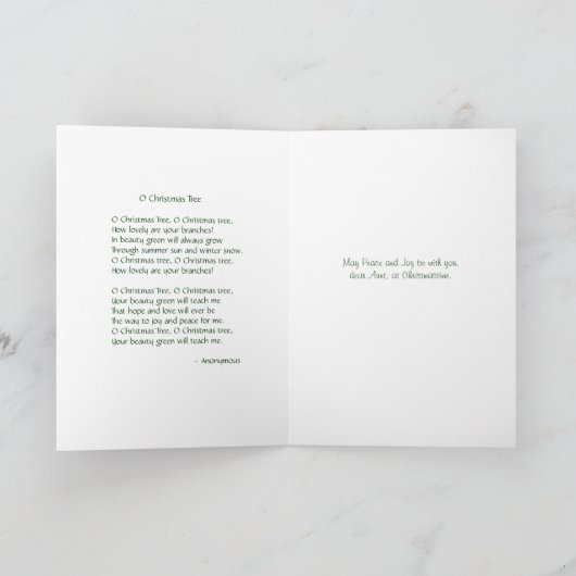 叔母さんのためのクリスマスツリーカード-平和および喜び シーズンカード (内部)