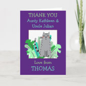 叔母さん名前かわいい猫の葉キッズパープル サンキューカード (正面)